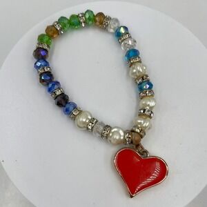 Vintage Beaded Bracelet Red Heart Charm Faux Pearl Crystal Rhinestone Accent